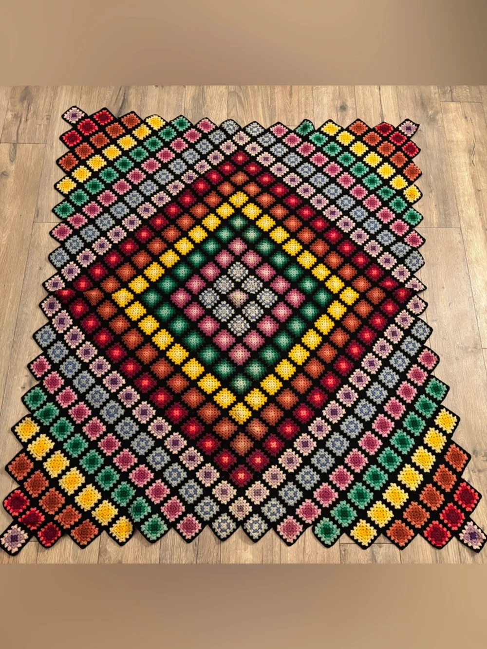 Vintage Hand Crocheted Granny Square Afghan 60x70 Jewel Tone Wool Blanket